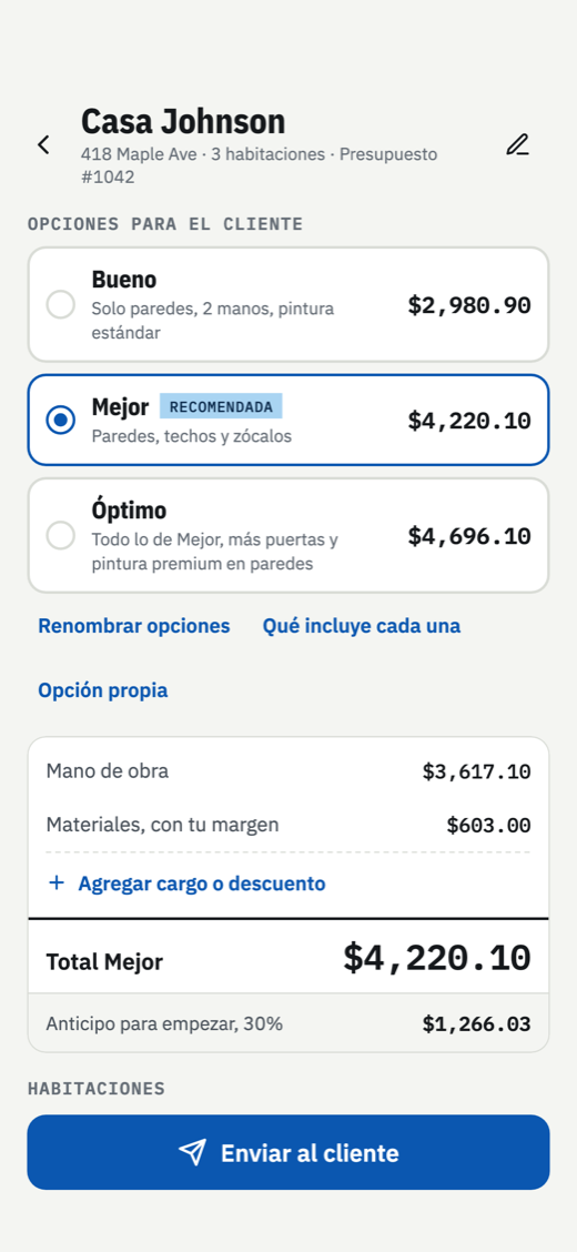 Un presupuesto en Tapebid con tres opciones: Bueno, Mejor y Óptimo, cada una con su total.