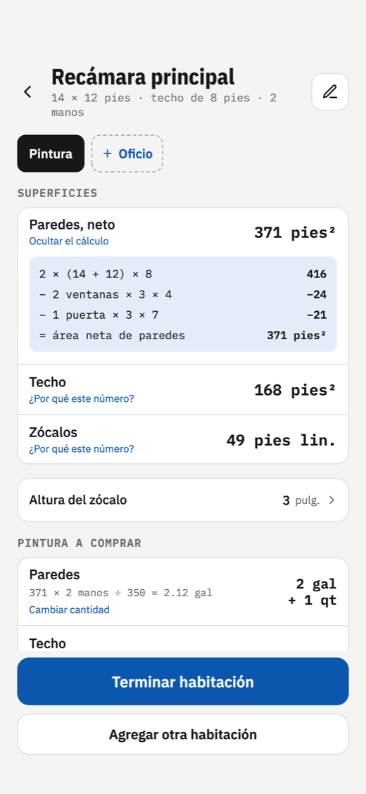 Un cuarto en Tapebid: sus superficies, la pintura a comprar y el precio de cada línea.