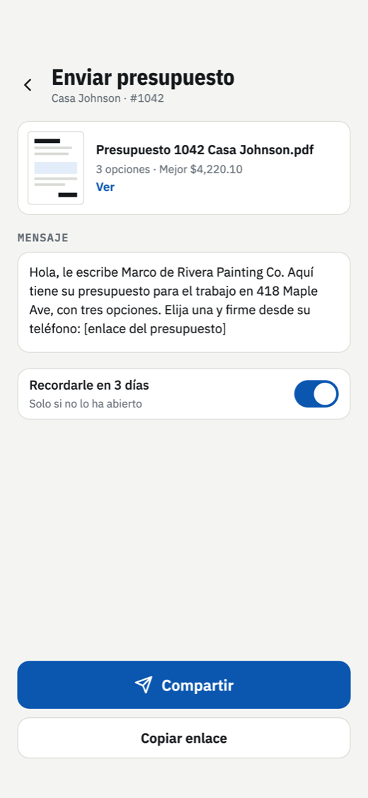 Enviando un presupuesto desde Tapebid, con el mensaje listo para compartir.