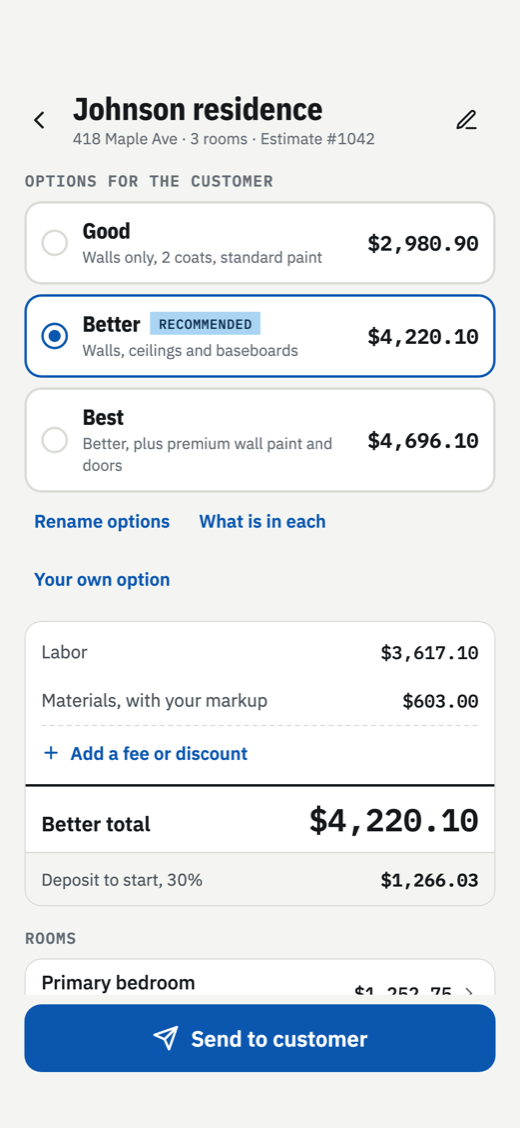 An estimate in Tapebid with three options: Good, Better and Best, each with its total.