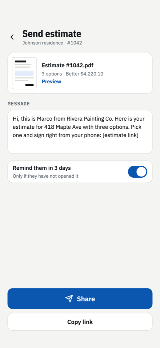 Sending an estimate from Tapebid, with the message ready to share.