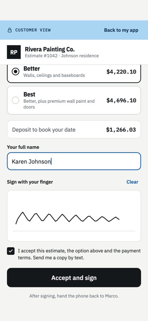 A customer picking an option and signing an estimate on a phone.